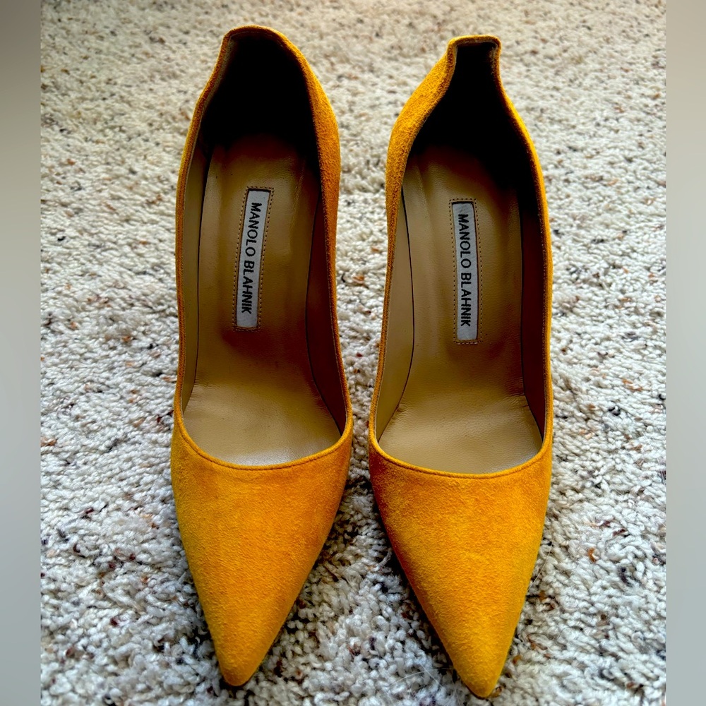 Manolo Blahnik yellow suede BB heels